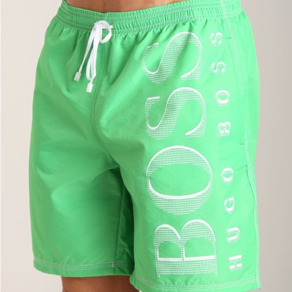 Hugo Boss Men’s Swim Trunks Shorts Green Logo Size XXL Lined Pockets Excellent